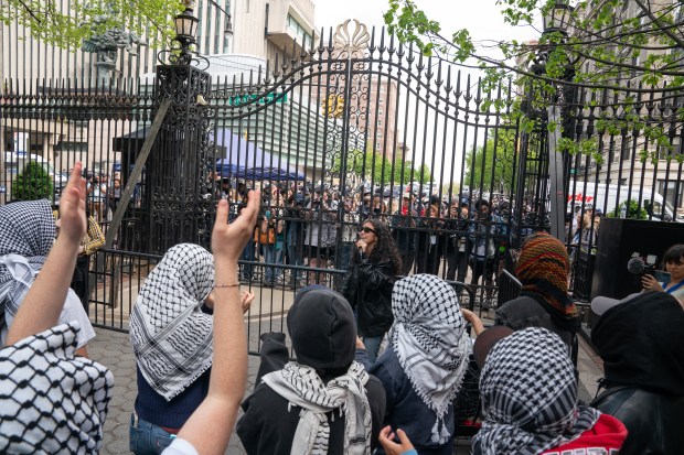 Pro-Palestinian protestors continue their protest inside the Amsterdam Ave. and W. 116th St. entrance at Columbia University Tuesday, April 30, 2024 after occupied Hamilton Hall overnight in Manhattan, New York. (Barry Williams for New York Daily News)