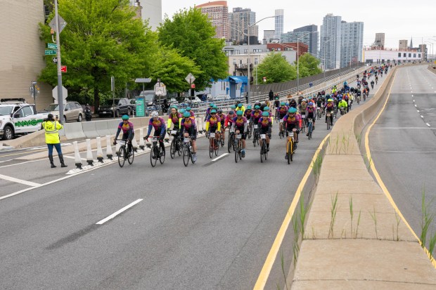 Participants of the New York City Bike Tour are seen here as they cross the Pulaski Bridge into Brooklyn on Sunday May 5, 2024. 0922. (Theodore Parisienne for New York Daily News)